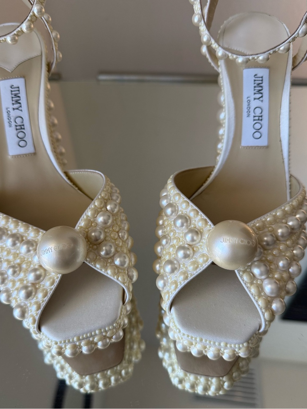 New Jimmy Choo Sacaria 120 White Platform Sandals with All-Over Pearl 39.5 - Picture 12 of 16